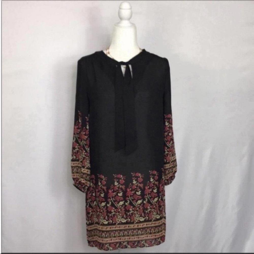 Joie Women's 100% Silk Floral Tie Neck Shift Dress Black Maroon Size S